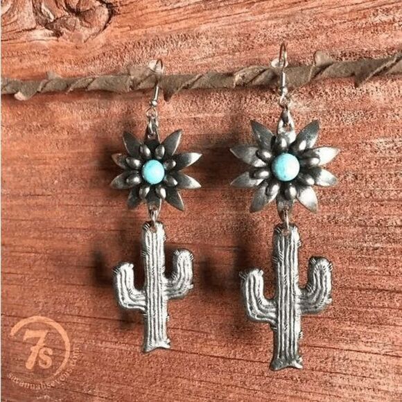 FLOWER CACTUS SILVER TURQUOISE DANGLE EARRINGS - Picture 5 of 9